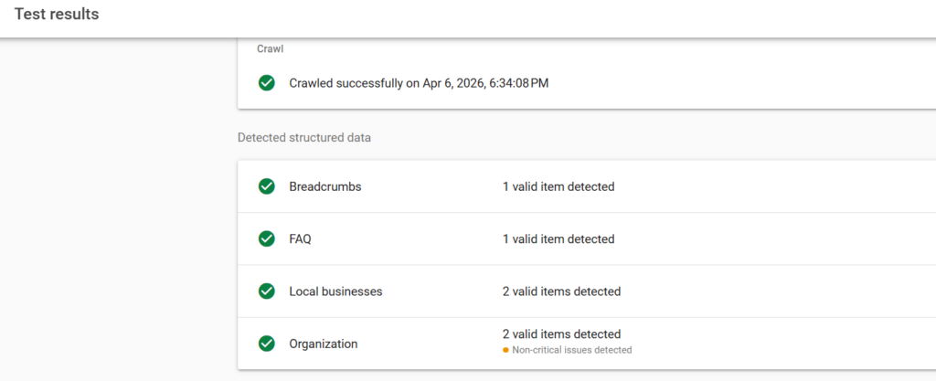 Google Rich Results Test interface showing valid structured data for Breadcrumbs, FAQ, Local Business, and Organization schema.