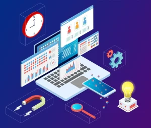 Isometric illustration of a digital marketing workstation showing data analytics, SEO performance charts, and global strategy planning on multiple screens.